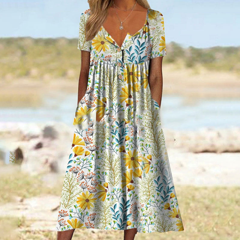 Trendy Floral Printed Button V-neck Pockets A-line Dress