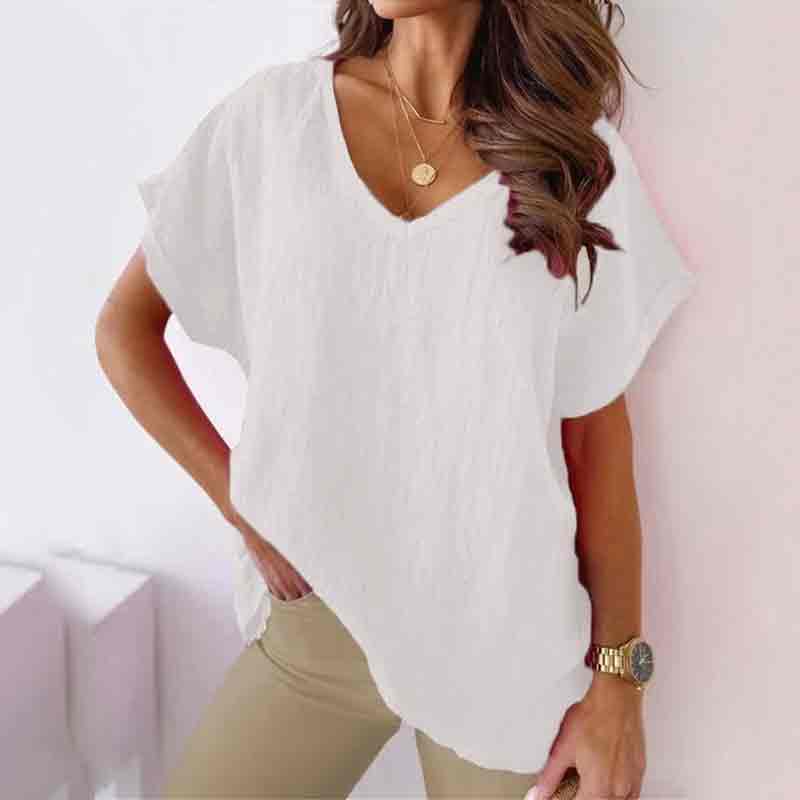 Solid Color V-neck Casual Loose Short Sleeve T-shirt