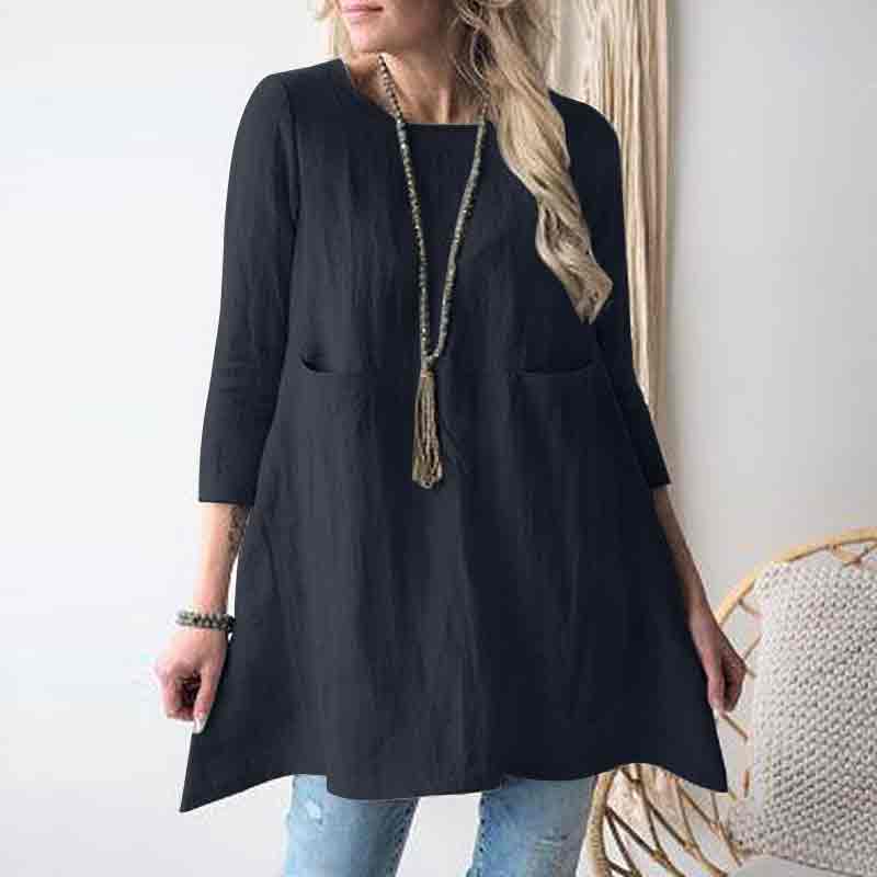 Solid Color Round Neck Pockets Loose A-line Long Shirt