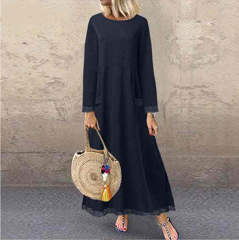 Elegant Loose Solid Color Fleece Pockets Autumn Winter Dress