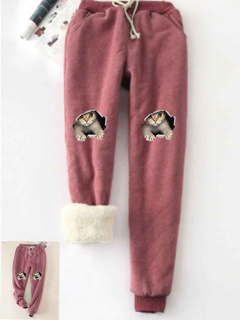 Cats Printed Thickened Fleece Warm Autumn Winter Loose Sweatpants