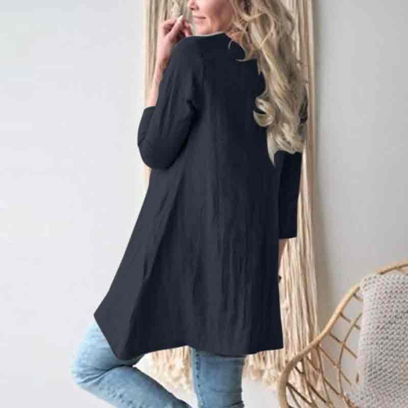 Solid Color Round Neck Pockets Loose A-line Long Shirt