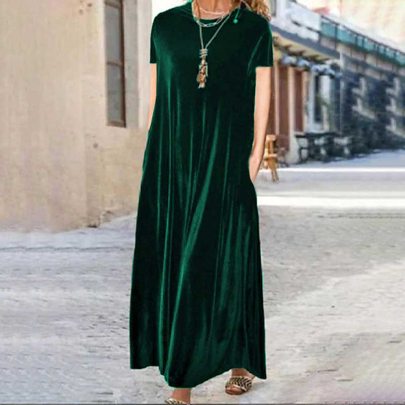 Elegant Solid Color Velvet Short Sleeve Pockets Stretchy Maxi Dress