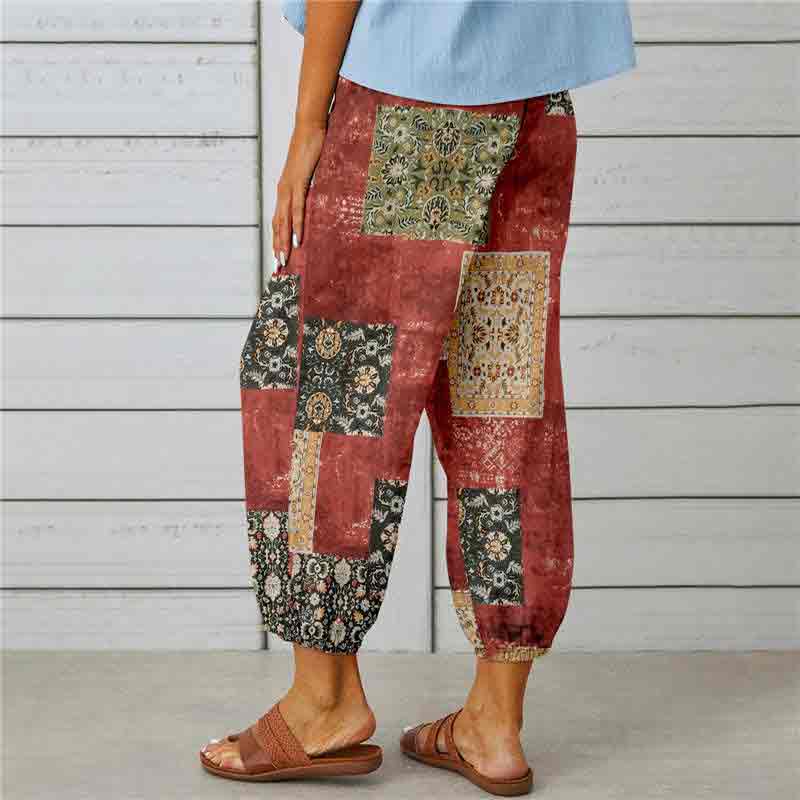 Retro Printed Elastic Waist Drawstring Button Decorated Cropped Trousers