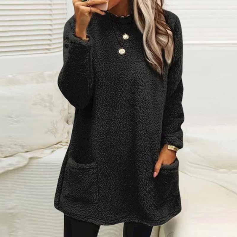 Casual Solid Color Plush Warm Autumn Winter Pockets Long Sweatshirt