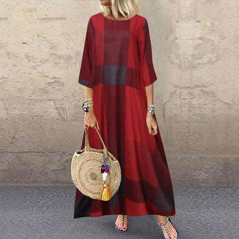 Vintage Round Neck Three Quarter Sleeve Plaid Printed Dress