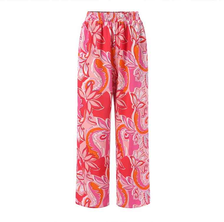 Off Shoulder Puff Sleeves Top and Printed Pants Two-piece Casual Suit