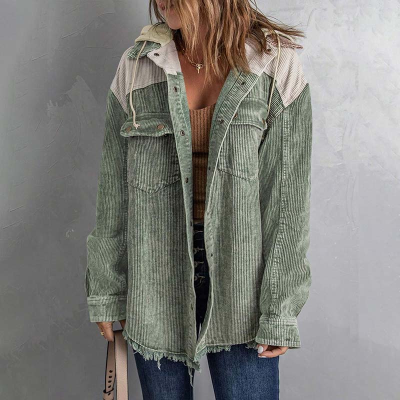 Contrast Color Patchwork Single-Breasted Corduroy Hooded Jacket Coat