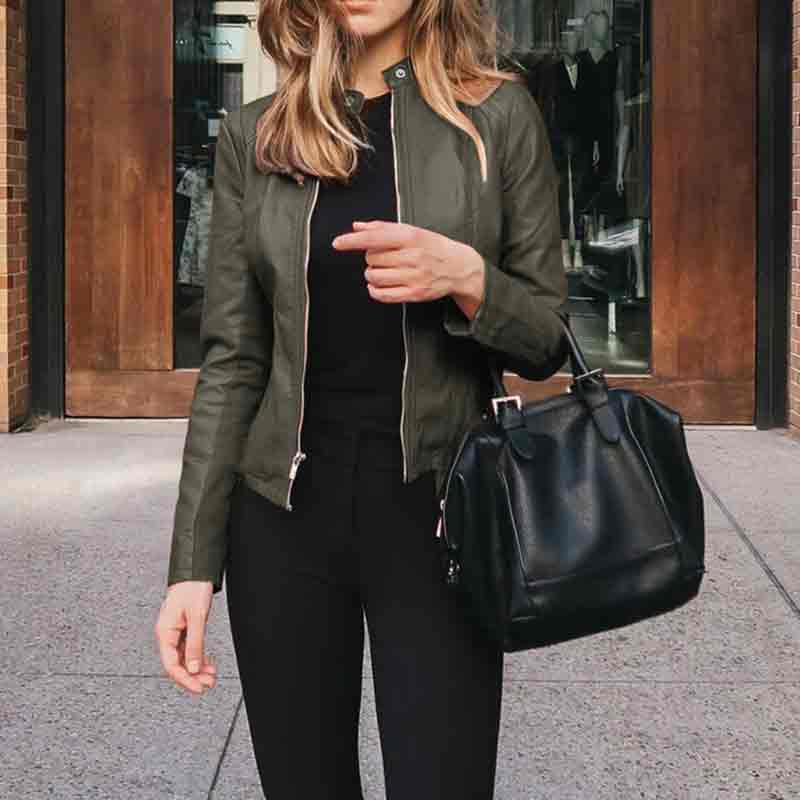 Solid Color Fashion Stand Neck Leather Zippered Jacket Coat