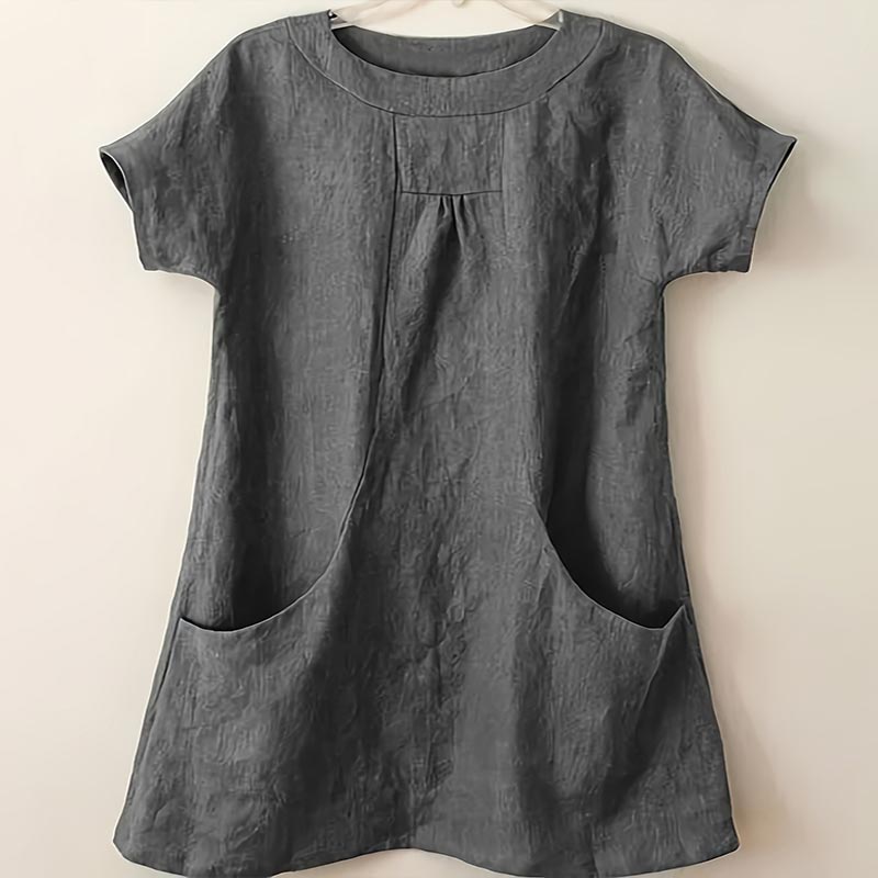 Solid Color Large Pocket Short Sleeve Round Neck Top