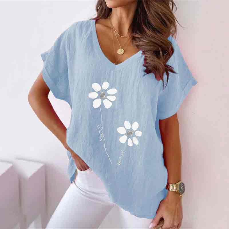 Daisy Printed V-neck Casual Loose Short Sleeve T-shirt