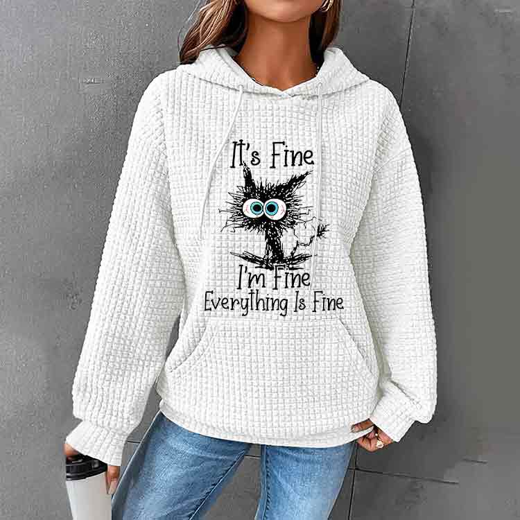 Cat Printed Waffle Long Sleeve Pocket Hooded Sweatshirt