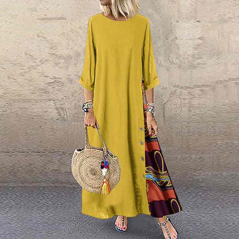 Vintage Solid And Floral Printed Stitching Casual A-line Dress