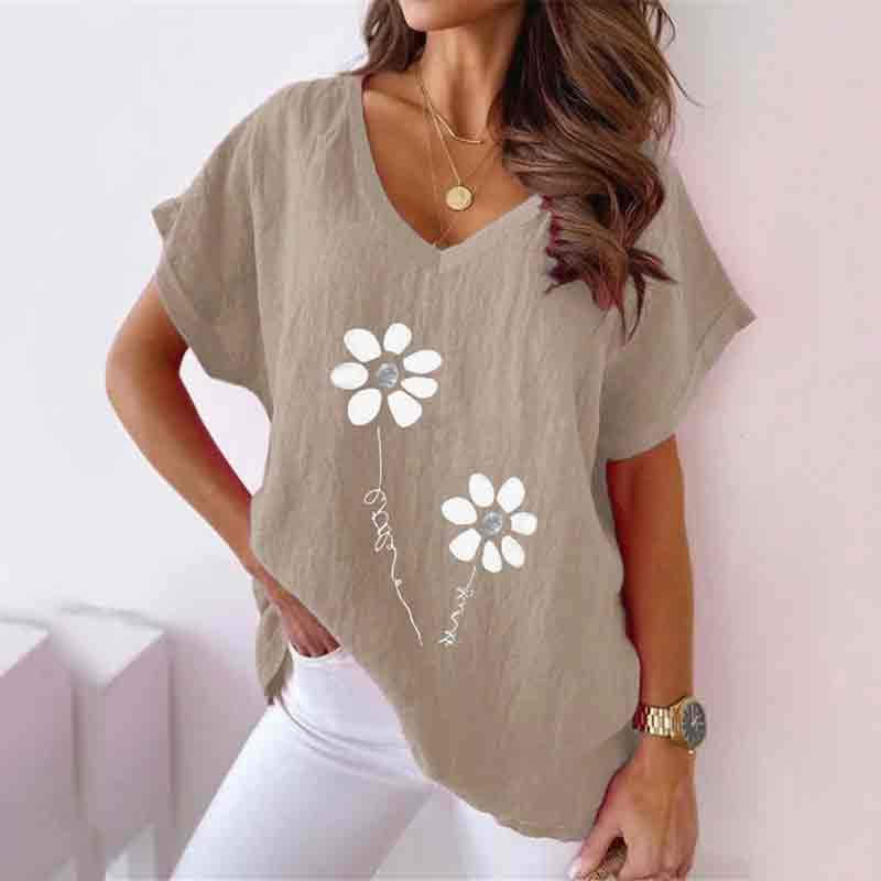 Floral Printed V Neck Casual Loose Short Sleeve T-shirt