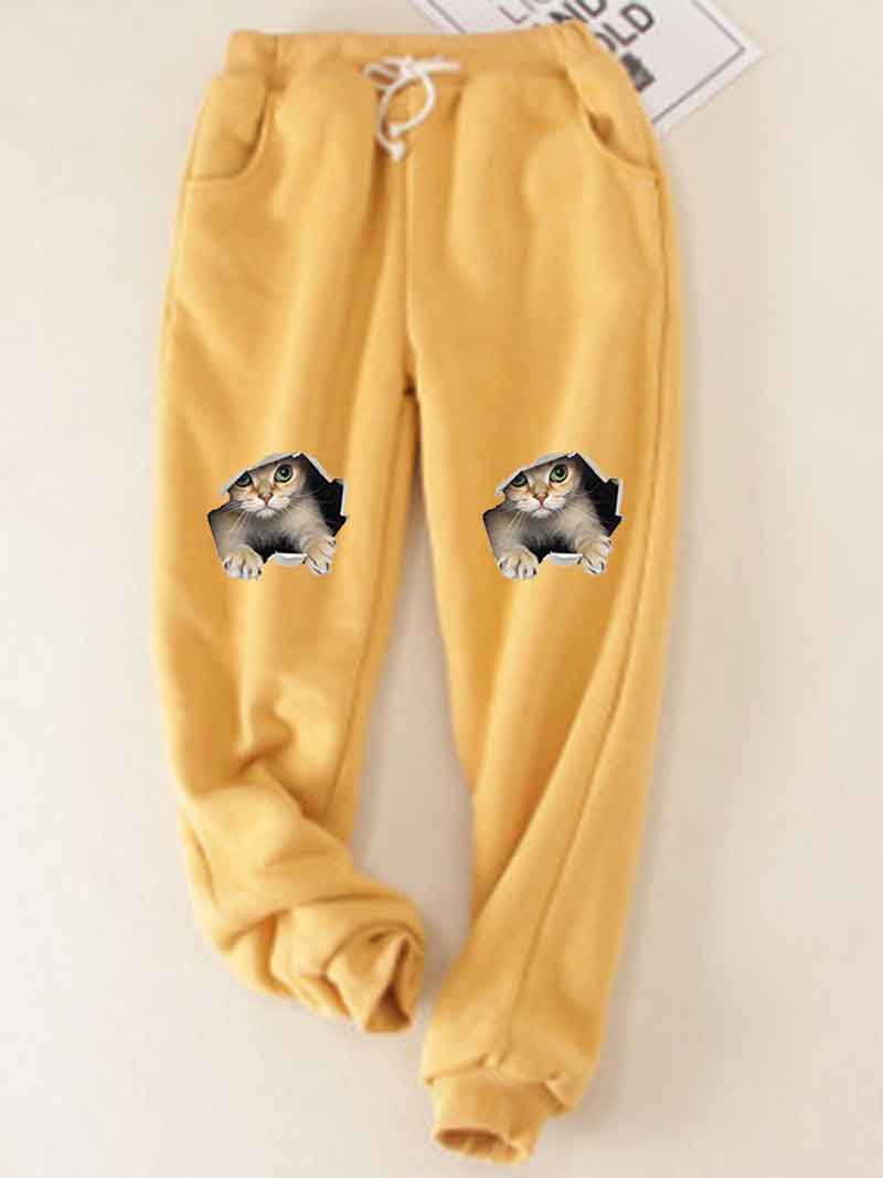 Cats Printed Thickened Fleece Warm Autumn Winter Loose Sweatpants