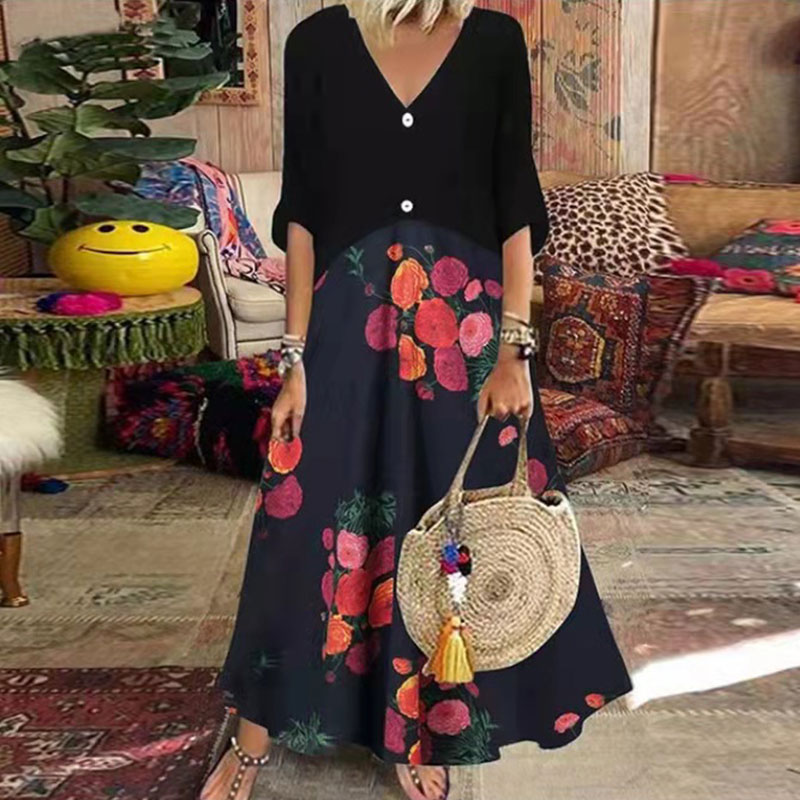 Boho Fashion Floral Printed Half Sleeve Casual A-line Maxi Dress