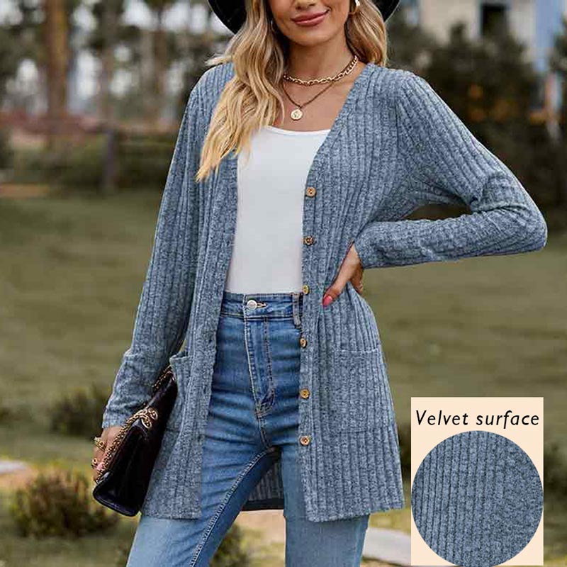 Solid Color Velvet Ribbed Buttons Autumn Winter Pockets Cardigan Top