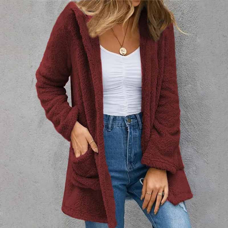 Solid Color Plush Pockets Autumn Winter Cardigan Coat