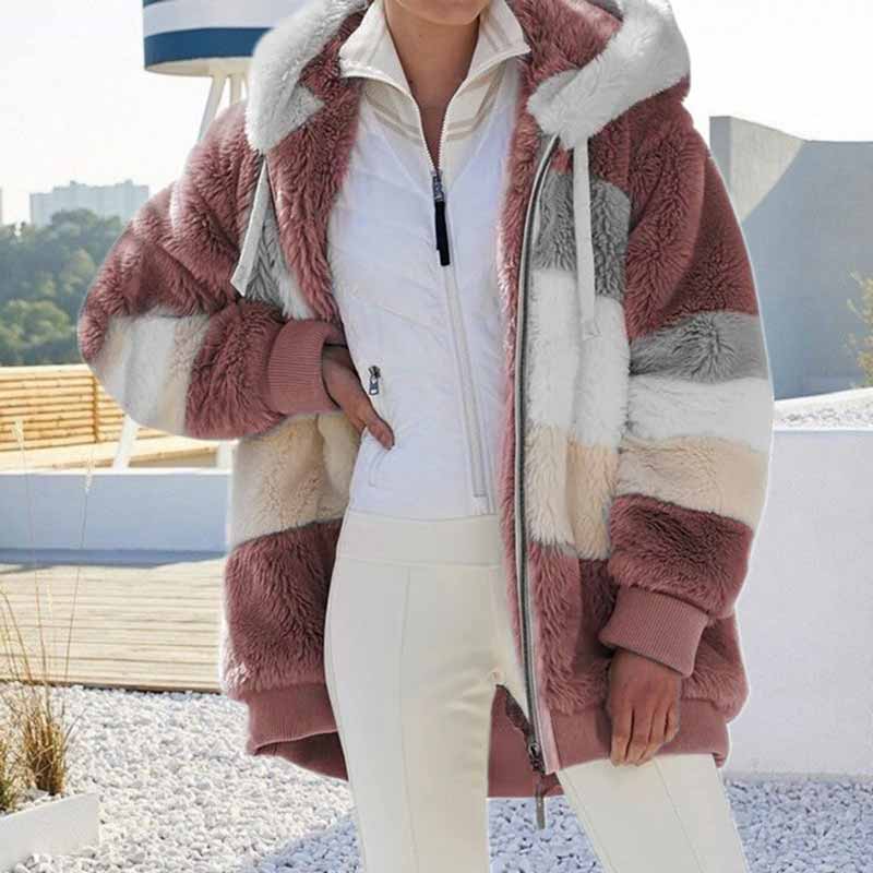 Warm Plush Color Blocking Zipper Hooded Autumn Winter Pockets Coat