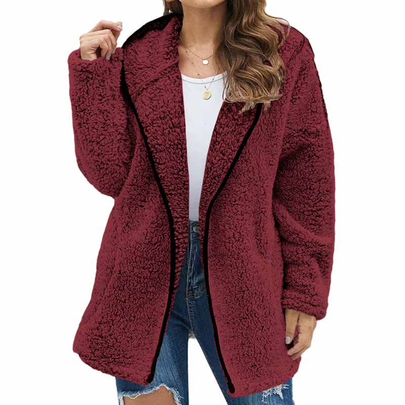 Solid Color Plush Hooded Pockets Autumn Winter Cardigan Coat