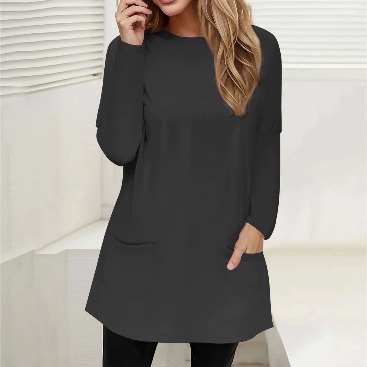 Casual Long Sleeve Pullover Loose Spring Autumn Pockets Long Shirt