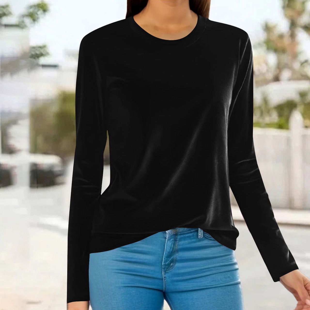 Elegant Velvet Long Sleeve Top Loose Round Neck Pullover T-shirt