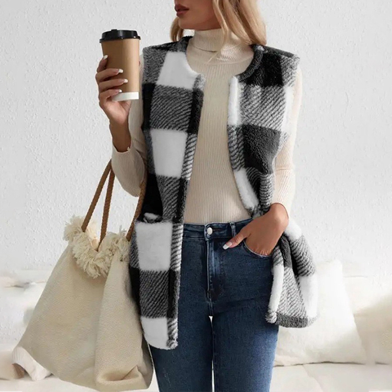 Fashion Plaid Plush Cardigan Coat Loose Pockets Sweater Jacket