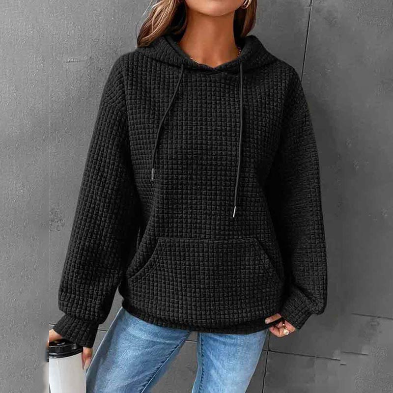 Solid Color Waffle Long Sleeve Pocket Hooded Sweatshirt