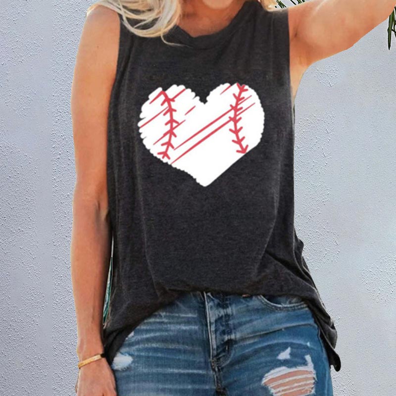 Love Baseball Printed Round Neck Sleeveless Vest Shirt