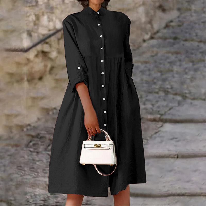 Elegant Single-breasted Cotton Linen Long Sleeve Pockets Maxi Dress