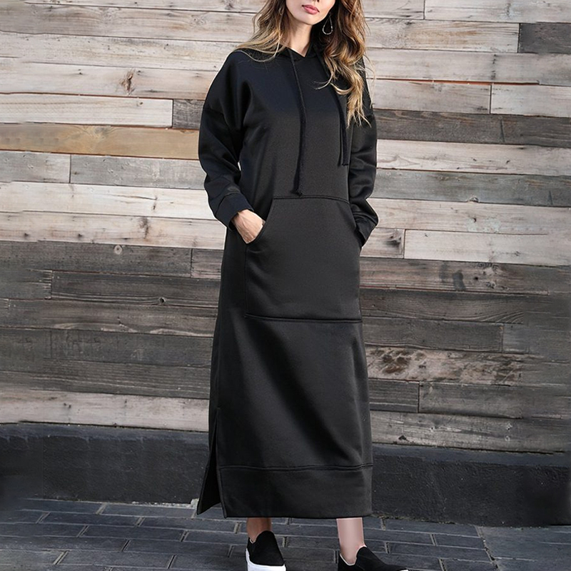 Hooded Fleece Thickened Sweater Dress Large Pocket Autumn Winter Dress