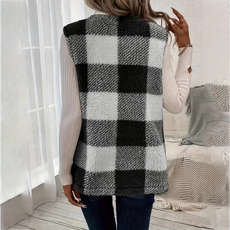 Fashion Plaid Plush Cardigan Coat Loose Pockets Sweater Jacket