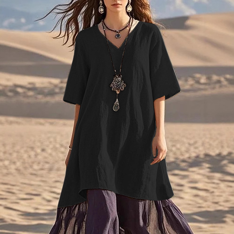 Trendy Color-Blocked V-Neck Half Sleeve A-Line Maxi Beach Dress