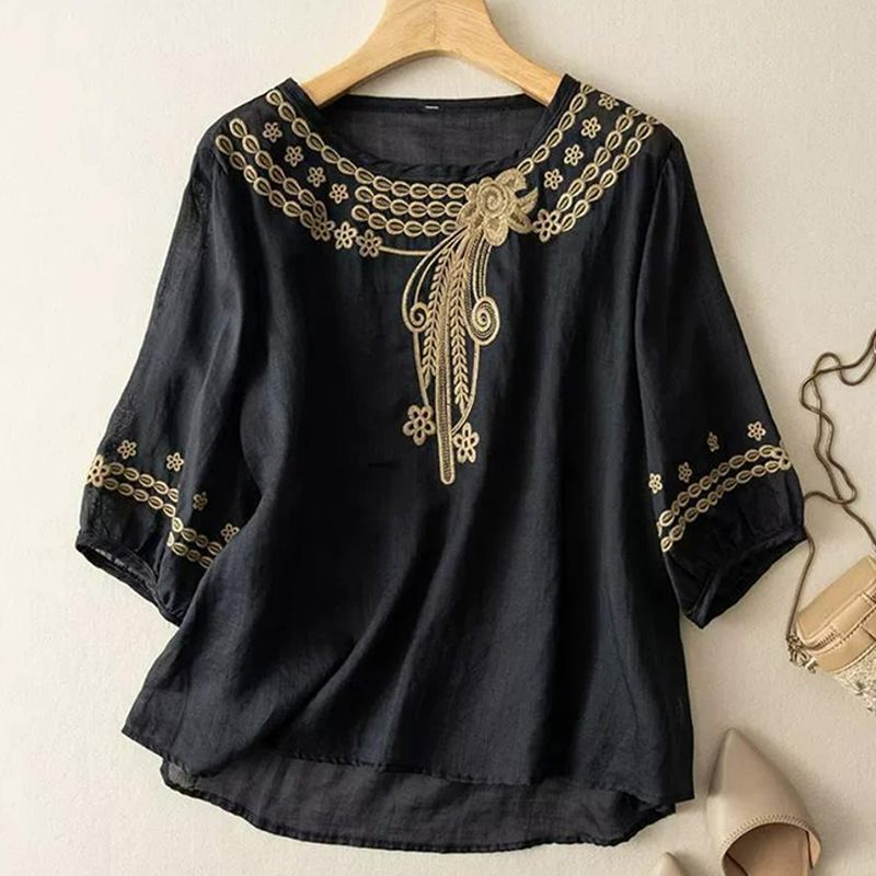 Fashion Embroidered Round Neck Top Three-quarter Sleeve Loose Shirt