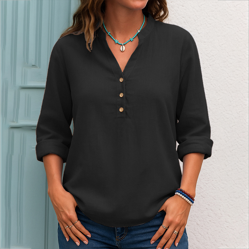 Casual Button V-neck Solid Color Pullover Top Long Sleeve Loose Shirt