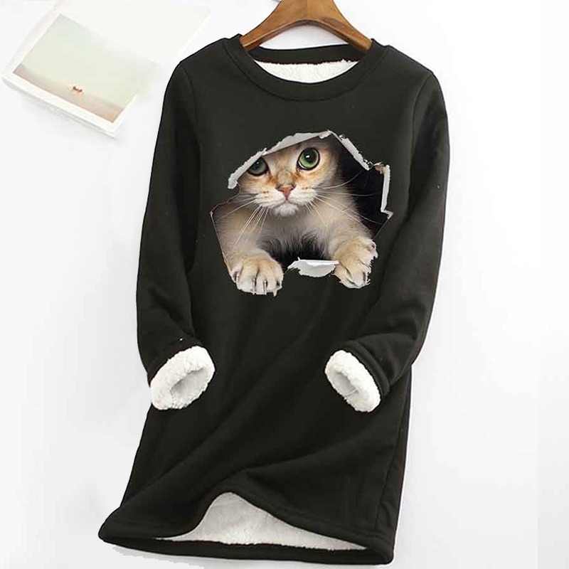 Cat Printed Thickened Fleece Warm Autumn and Winter Sweatshirt