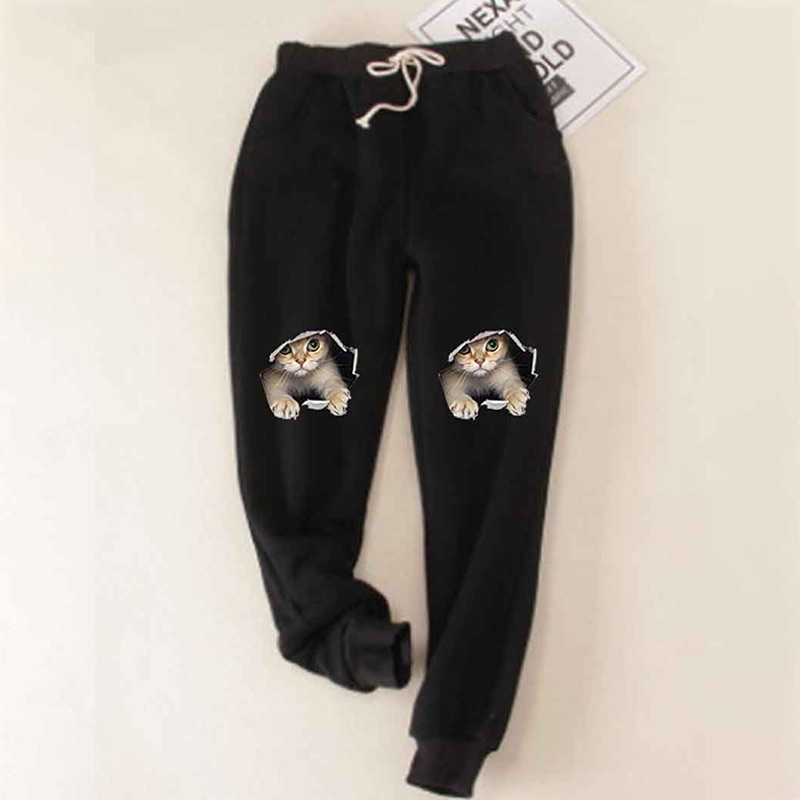 Cats Printed Thickened Fleece Warm Autumn Winter Loose Sweatpants