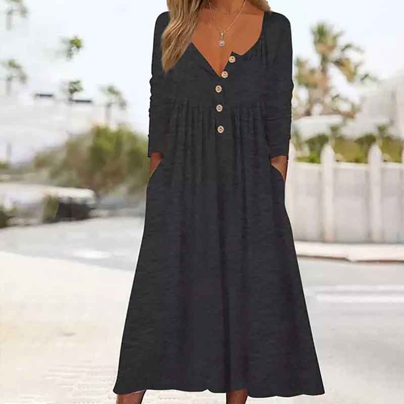 Solid Color Button V-neck Long Sleeve Pockets Autumn Winter Dress