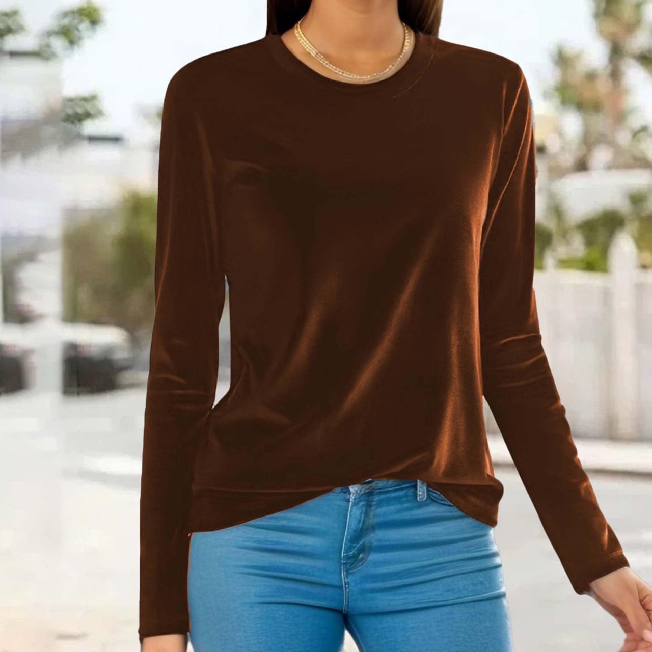 Elegant Velvet Long Sleeve Top Loose Round Neck Pullover T-shirt