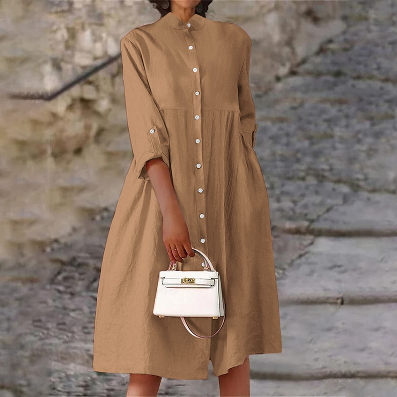 Elegant Single-breasted Cotton Linen Long Sleeve Pockets Maxi Dress