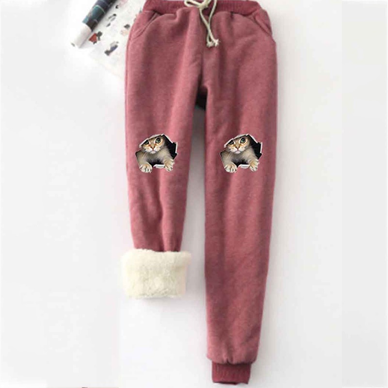 Cats Printed Thickened Fleece Warm Autumn Winter Loose Sweatpants