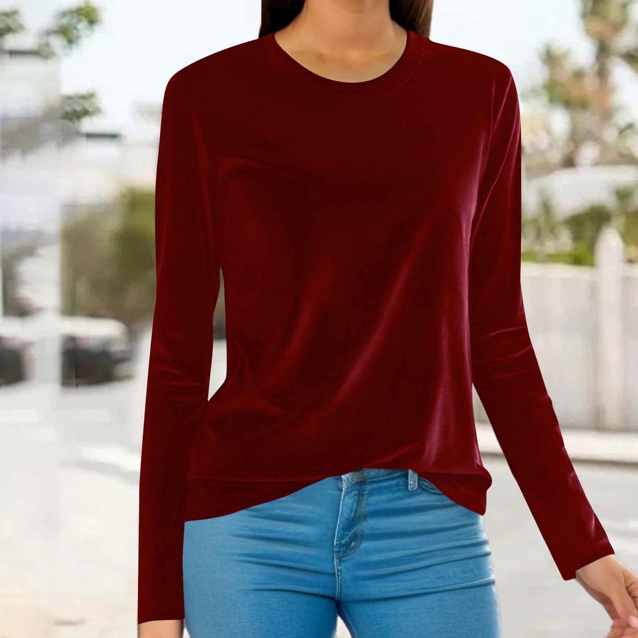Elegant Velvet Long Sleeve Top Loose Round Neck Pullover T-shirt