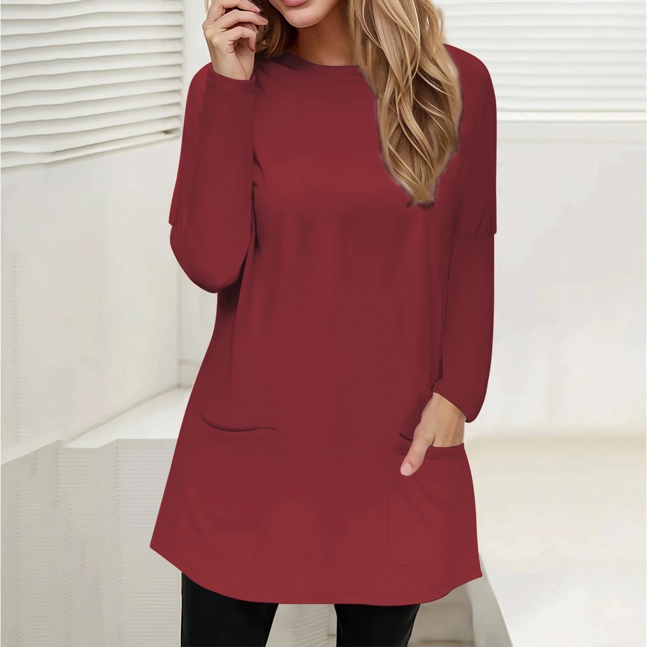 Casual Long Sleeve Pullover Loose Spring Autumn Pockets Long Shirt