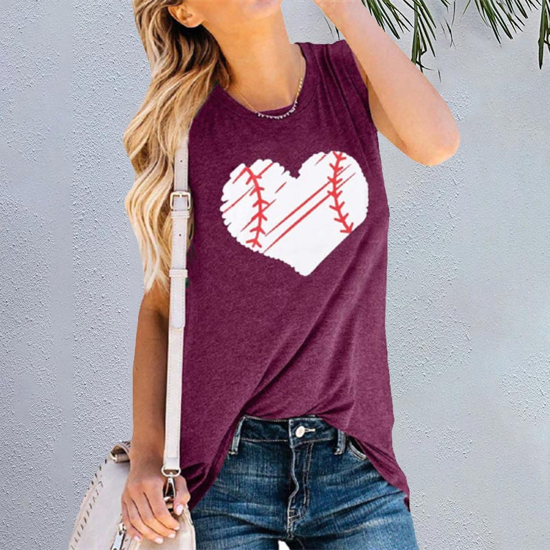 Love Baseball Printed Round Neck Sleeveless Vest Shirt