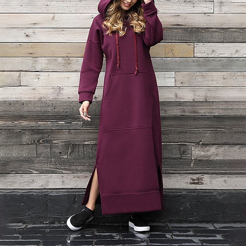 Hooded Fleece Thickened Sweater Dress Large Pocket Autumn Winter Dress