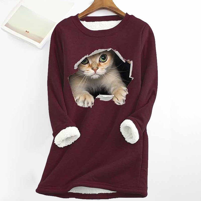 Cat Printed Thickened Fleece Warm Autumn and Winter Sweatshirt