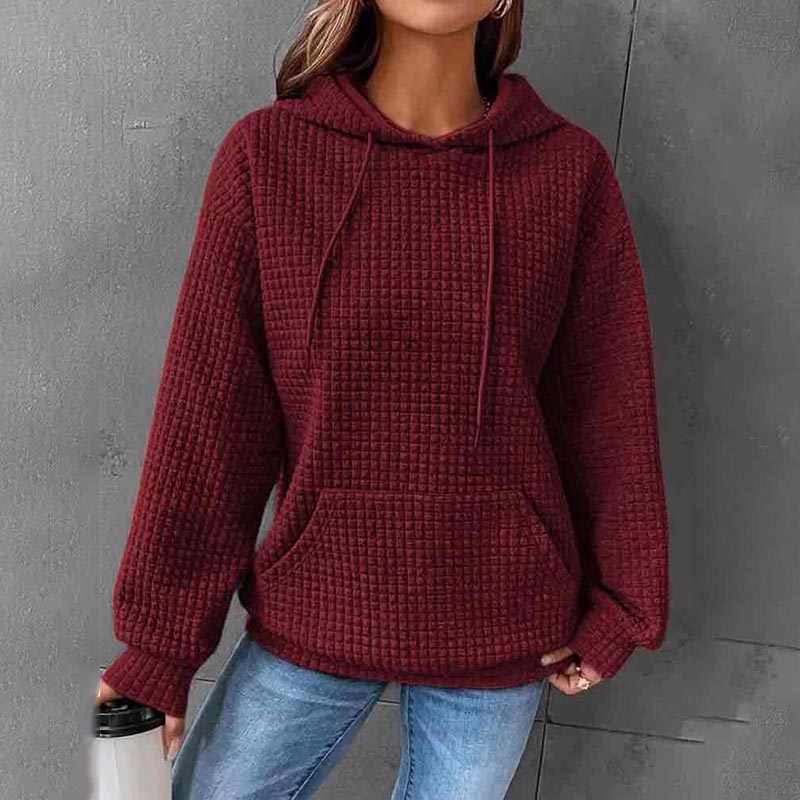 Solid Color Waffle Long Sleeve Pocket Hooded Sweatshirt