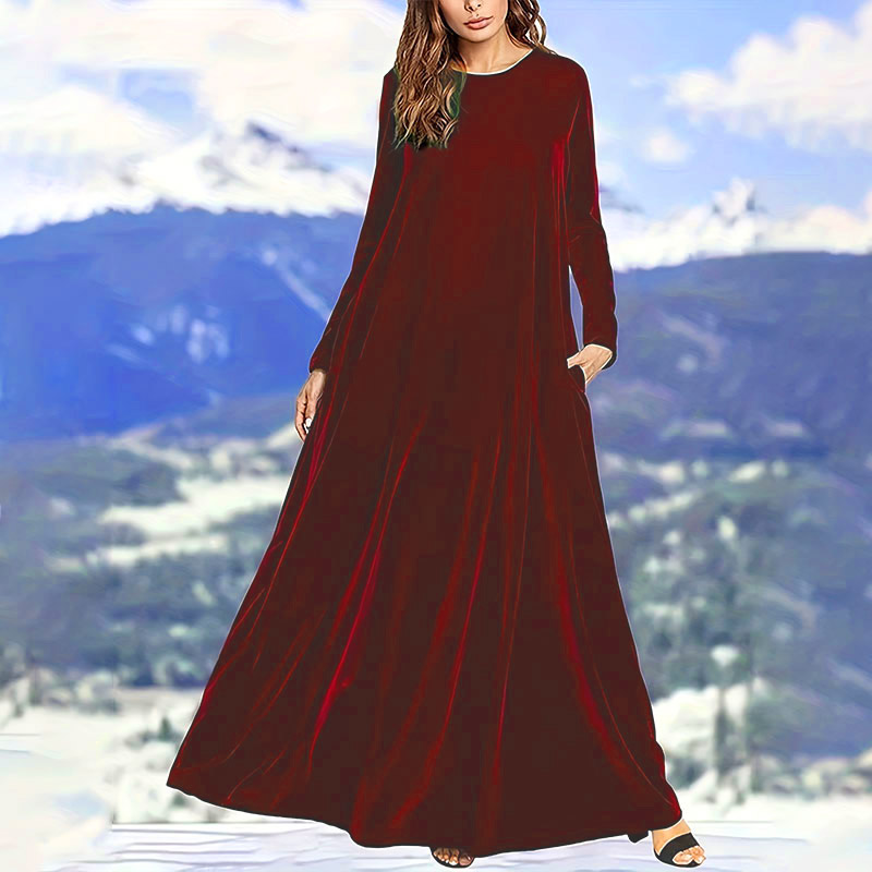 Elegant Soft Velvet Long Sleeve Pockets Stretchy Maxi A-line Dress