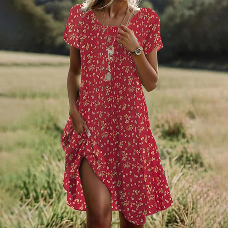 Literary Ethnic Style Floral Printed Round Neck A-line Dress