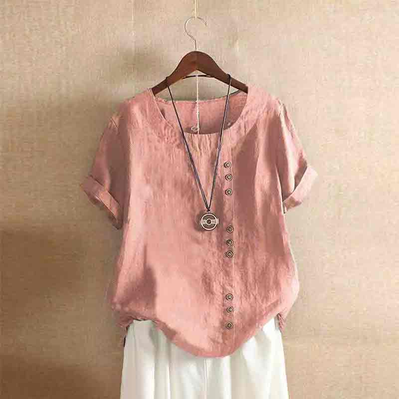Casual Solid Color Round Neck Button Decorated Short Sleeve Loose Shirt